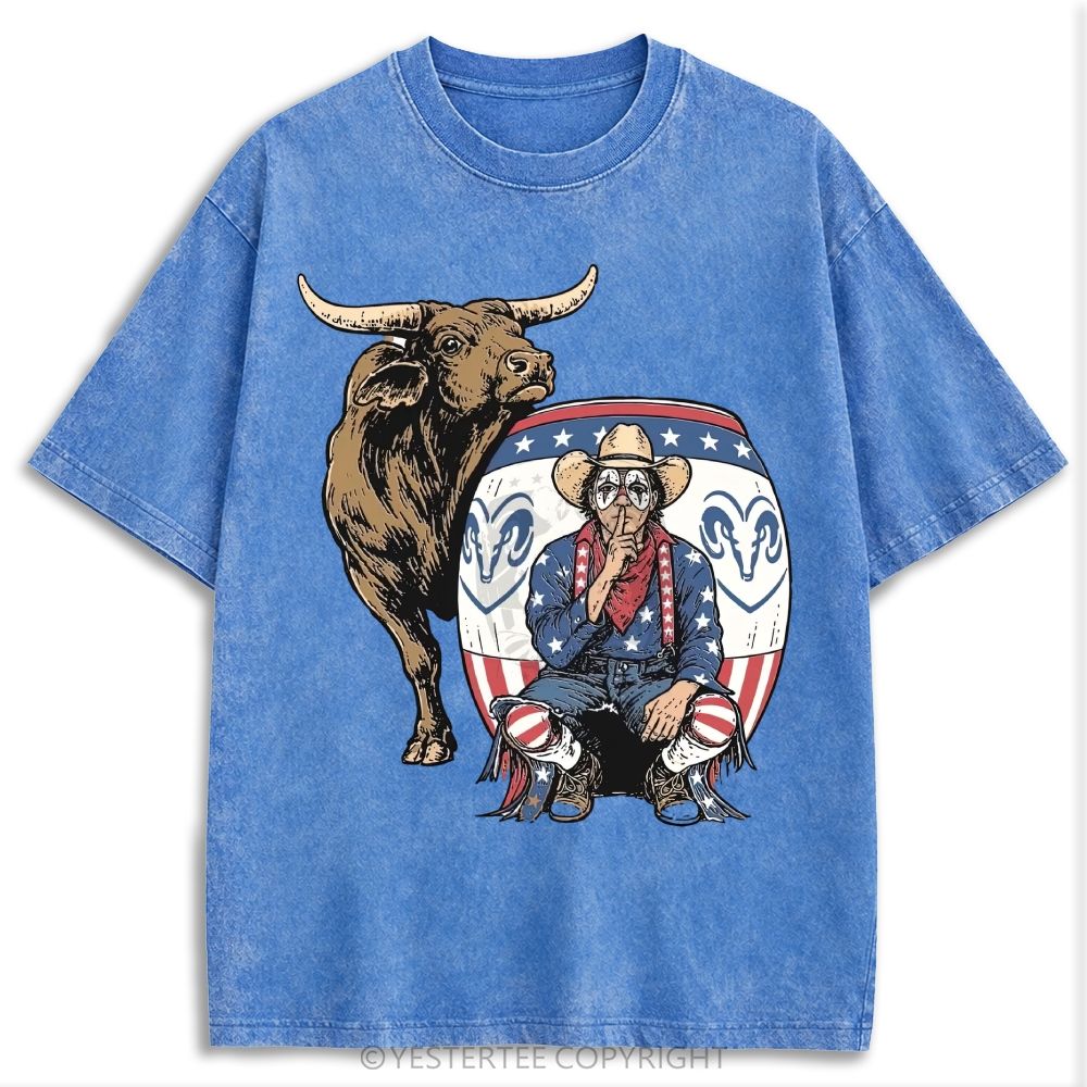 Patriotic Rodeo Bull Cowboy Western Retro Washed T-shirt
