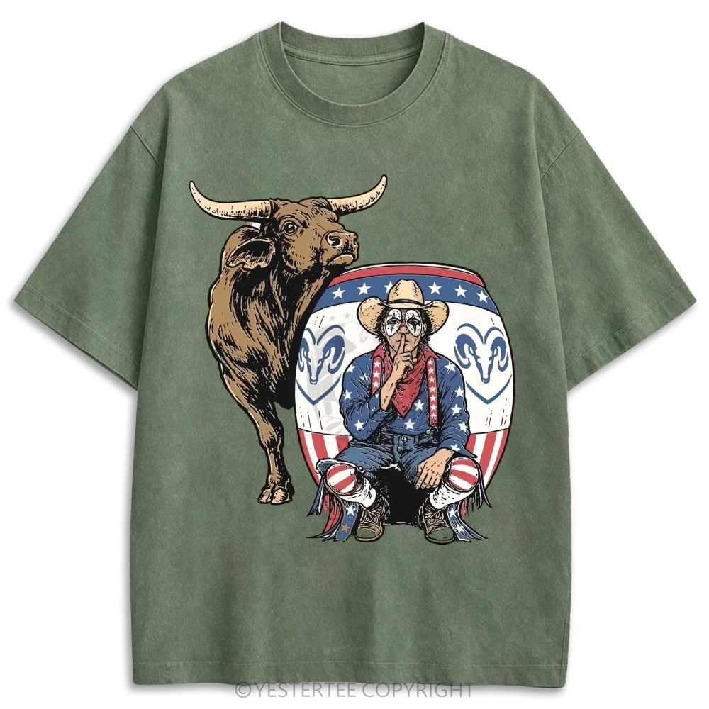 Patriotic Rodeo Bull Cowboy Western Retro Washed T-shirt