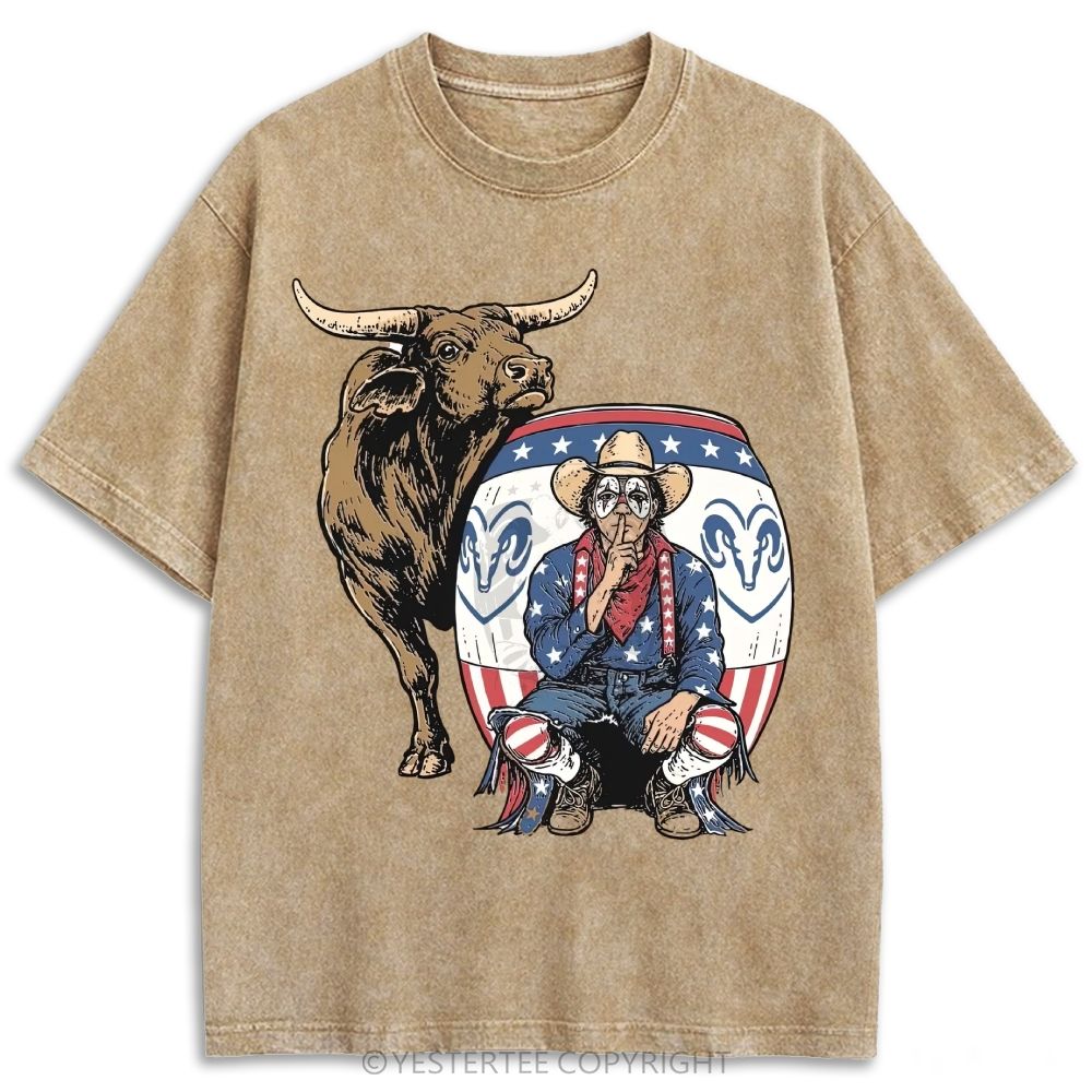 Patriotic Rodeo Bull Cowboy Western Retro Washed T-shirt