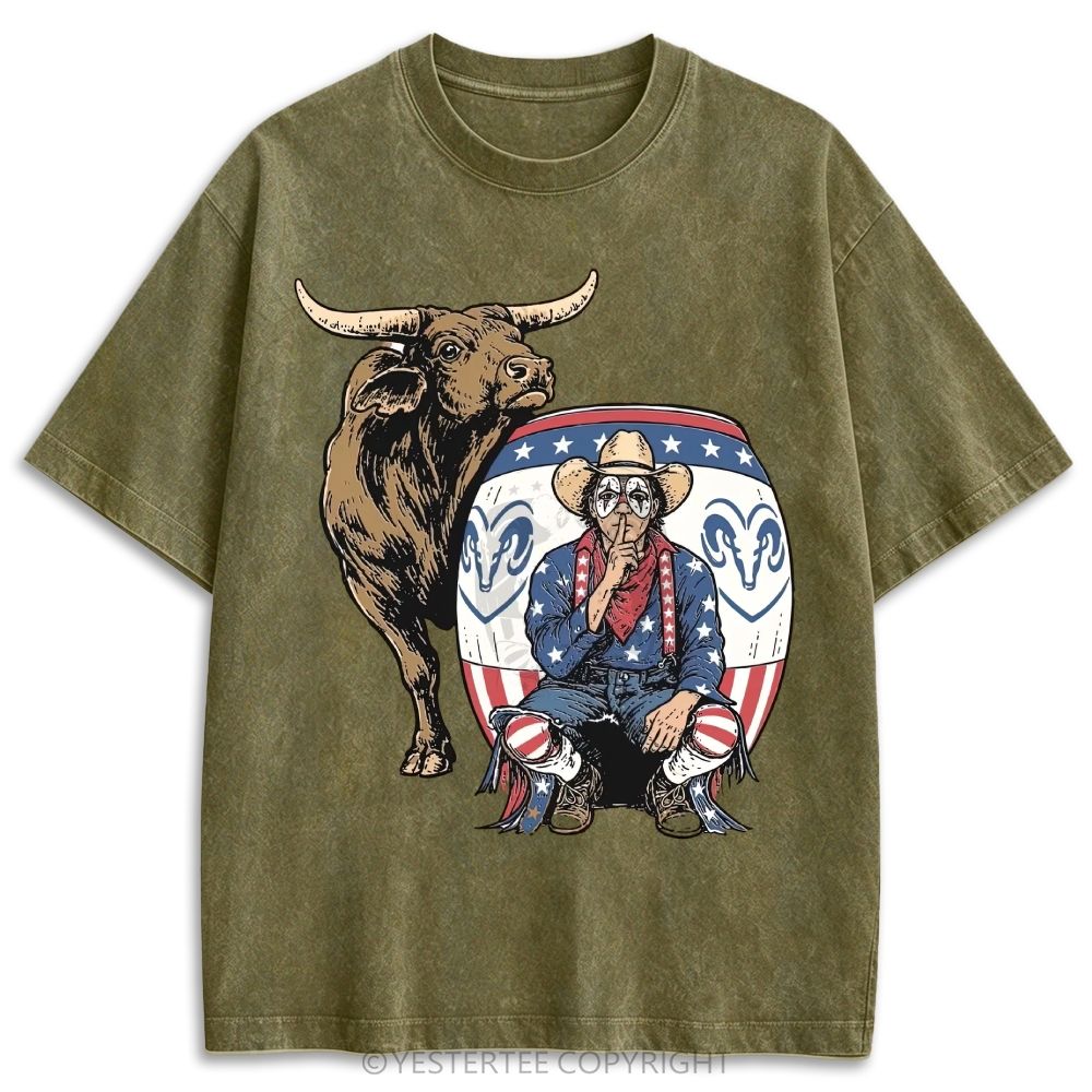 Patriotic Rodeo Bull Cowboy Western Retro Washed T-shirt