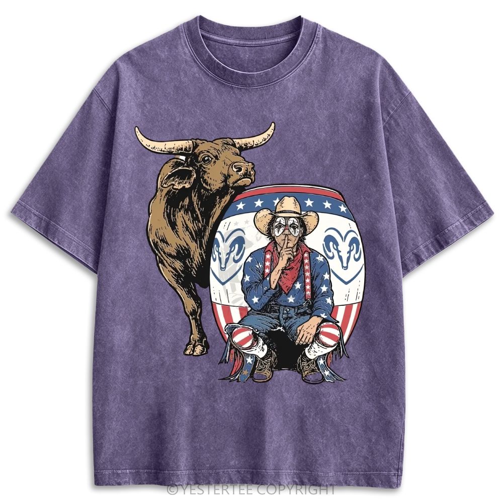 Patriotic Rodeo Bull Cowboy Western Retro Washed T-shirt