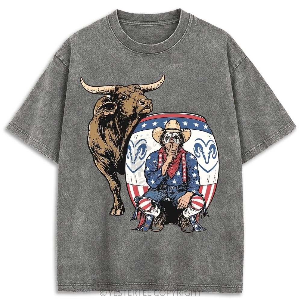 Patriotic Rodeo Bull Cowboy Western Retro Washed T-shirt
