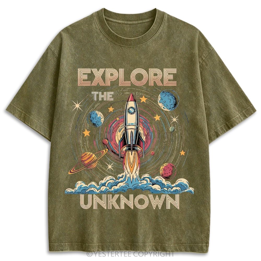 Rocket Planet Explore Unknown Space Retro Washed T-shirt
