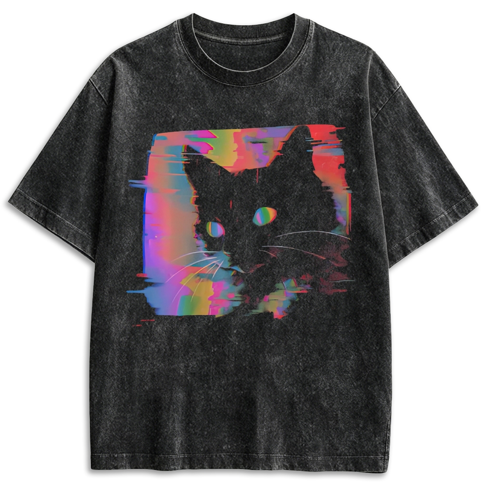 Retro Glitch Rainbow Black Cat Graphic Washed T-shirt 