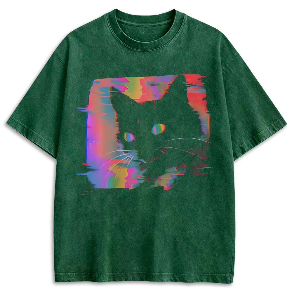 Retro Glitch Rainbow Black Cat Graphic Washed T-shirt 