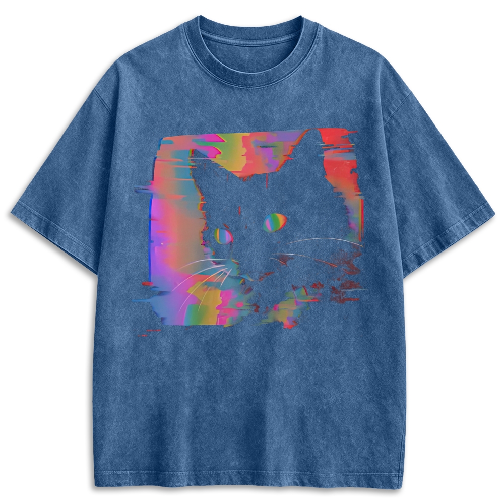 Retro Glitch Rainbow Black Cat Graphic Washed T-shirt 