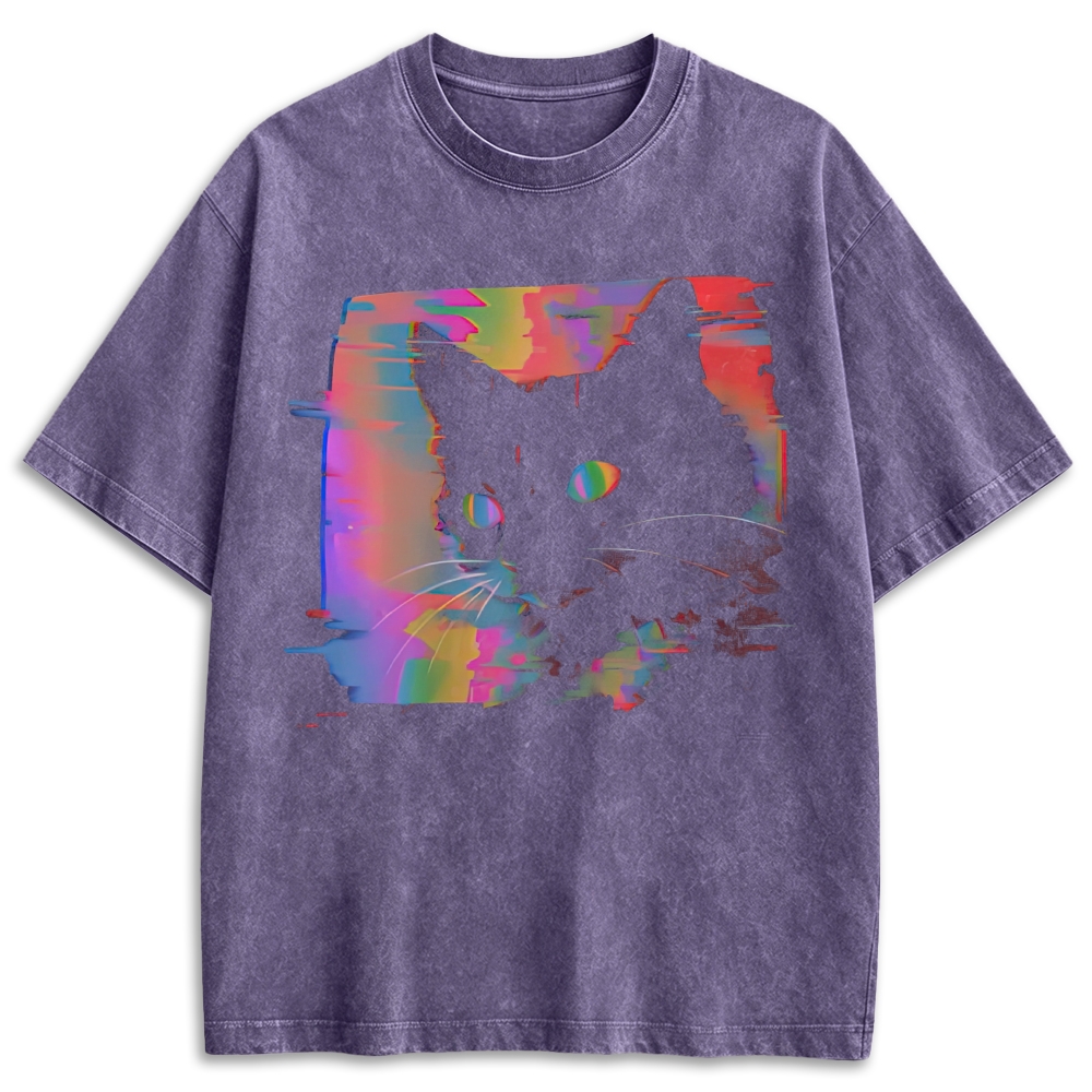 Retro Glitch Rainbow Black Cat Graphic Washed T-shirt 