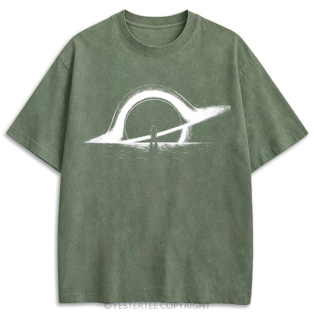 Retro Minimal Cosmic Ring Light Silhouette Graphic Washed T-shirt 