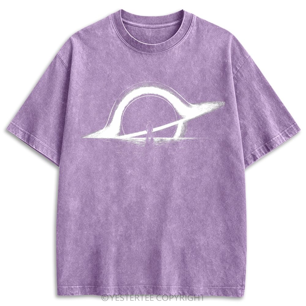 Retro Minimal Cosmic Ring Light Silhouette Graphic Washed T-shirt 