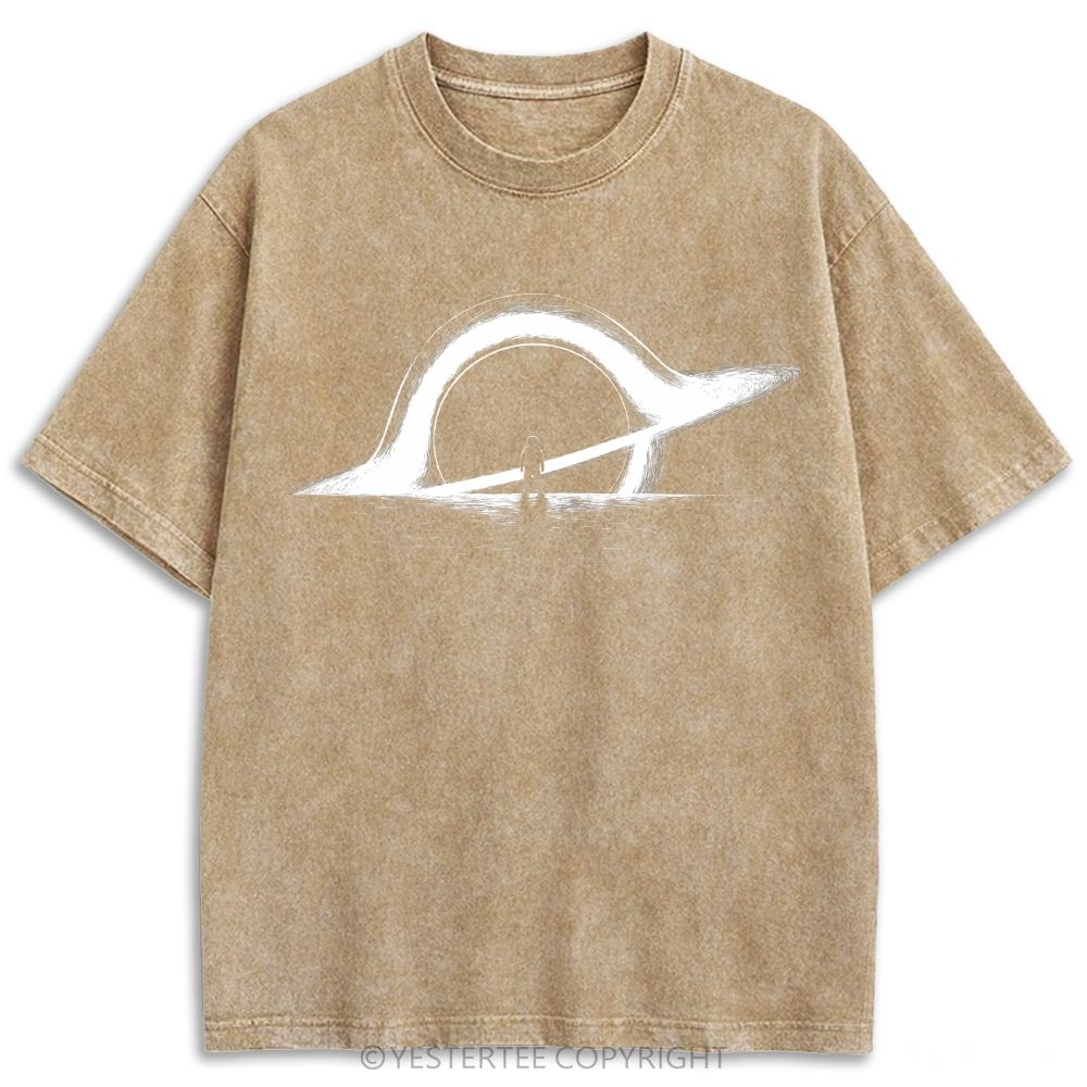 Retro Minimal Cosmic Ring Light Silhouette Graphic Washed T-shirt 
