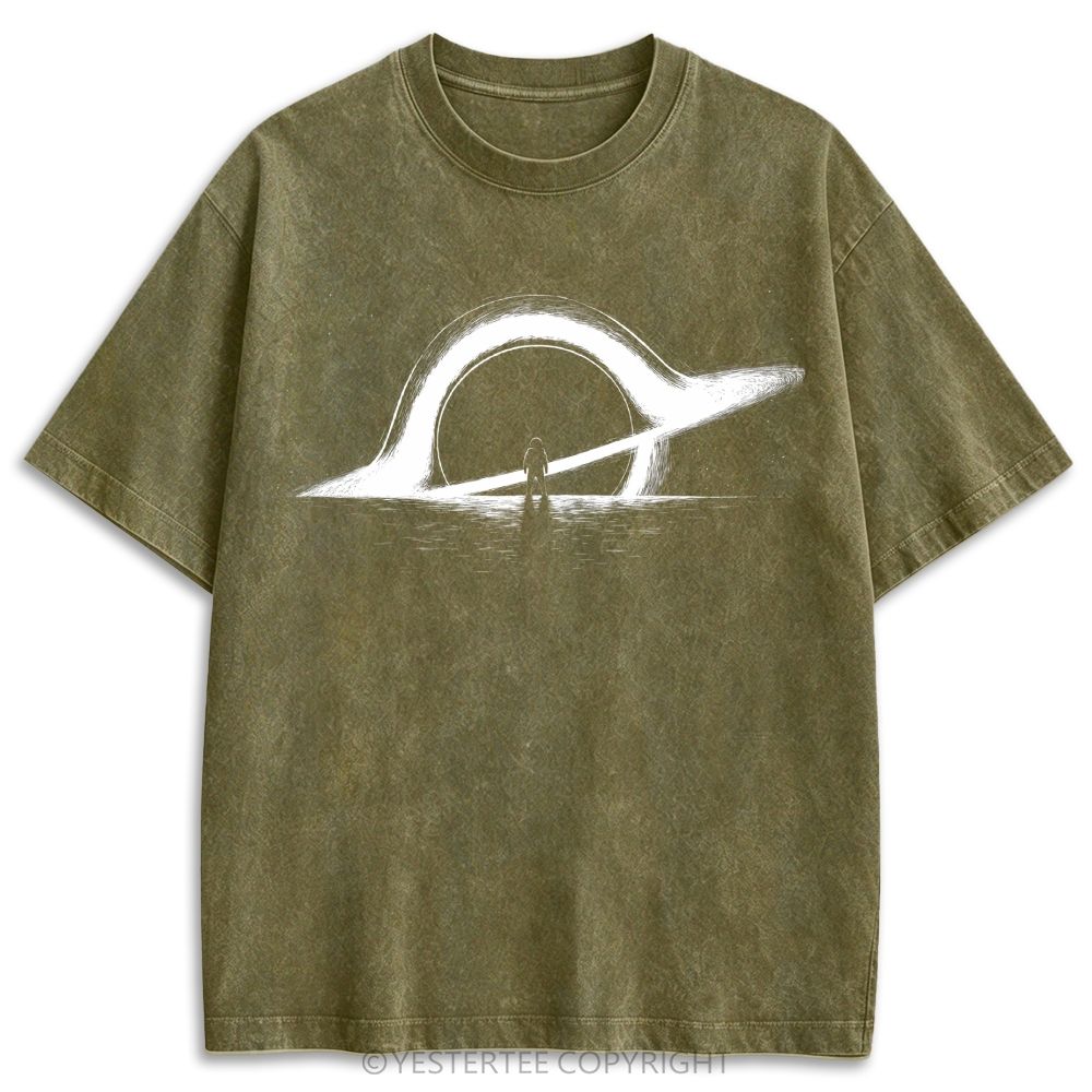Retro Minimal Cosmic Ring Light Silhouette Graphic Washed T-shirt 