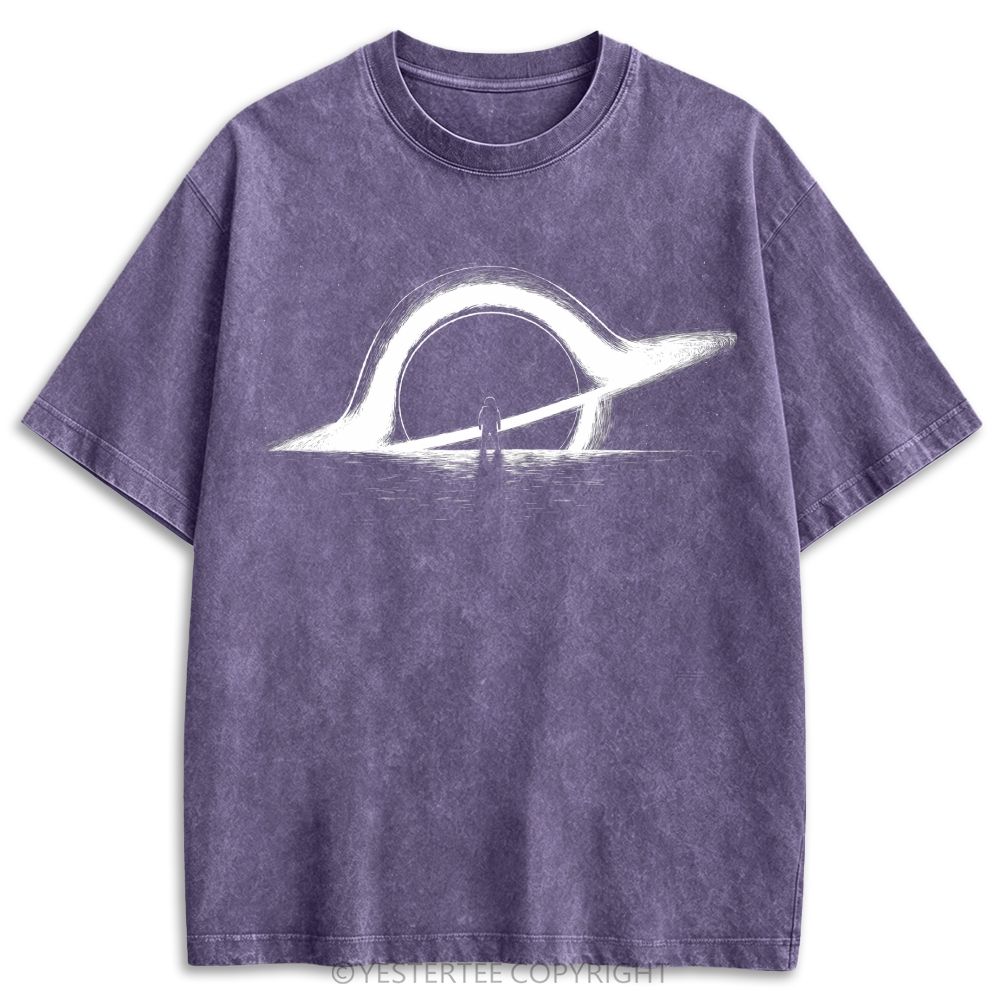 Retro Minimal Cosmic Ring Light Silhouette Graphic Washed T-shirt 