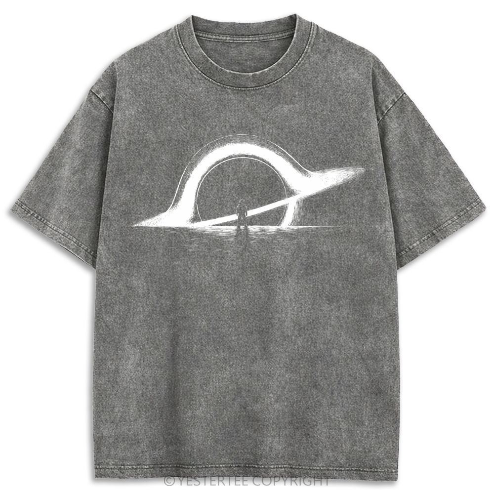 Retro Minimal Cosmic Ring Light Silhouette Graphic Washed T-shirt 