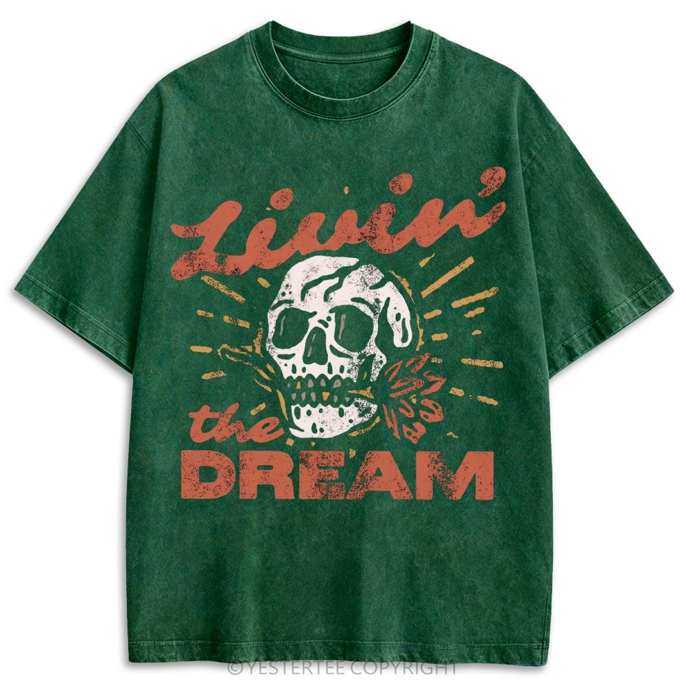 Tattoo Style Skull Rose Dream Life Slogan Retro Washed T-shirt