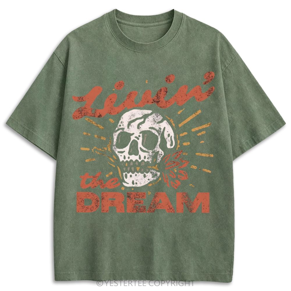 Tattoo Style Skull Rose Dream Life Slogan Retro Washed T-shirt