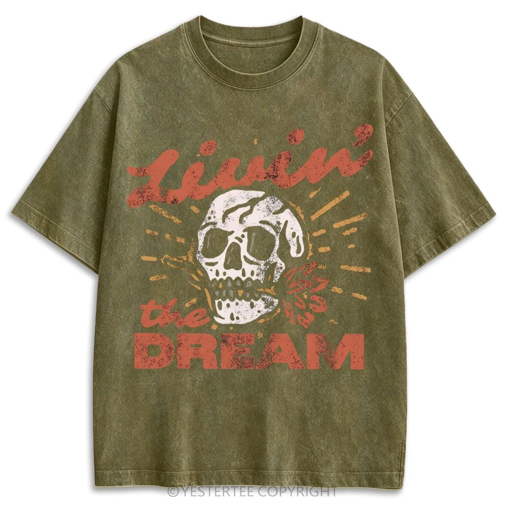 Tattoo Style Skull Rose Dream Life Slogan Retro Washed T-shirt