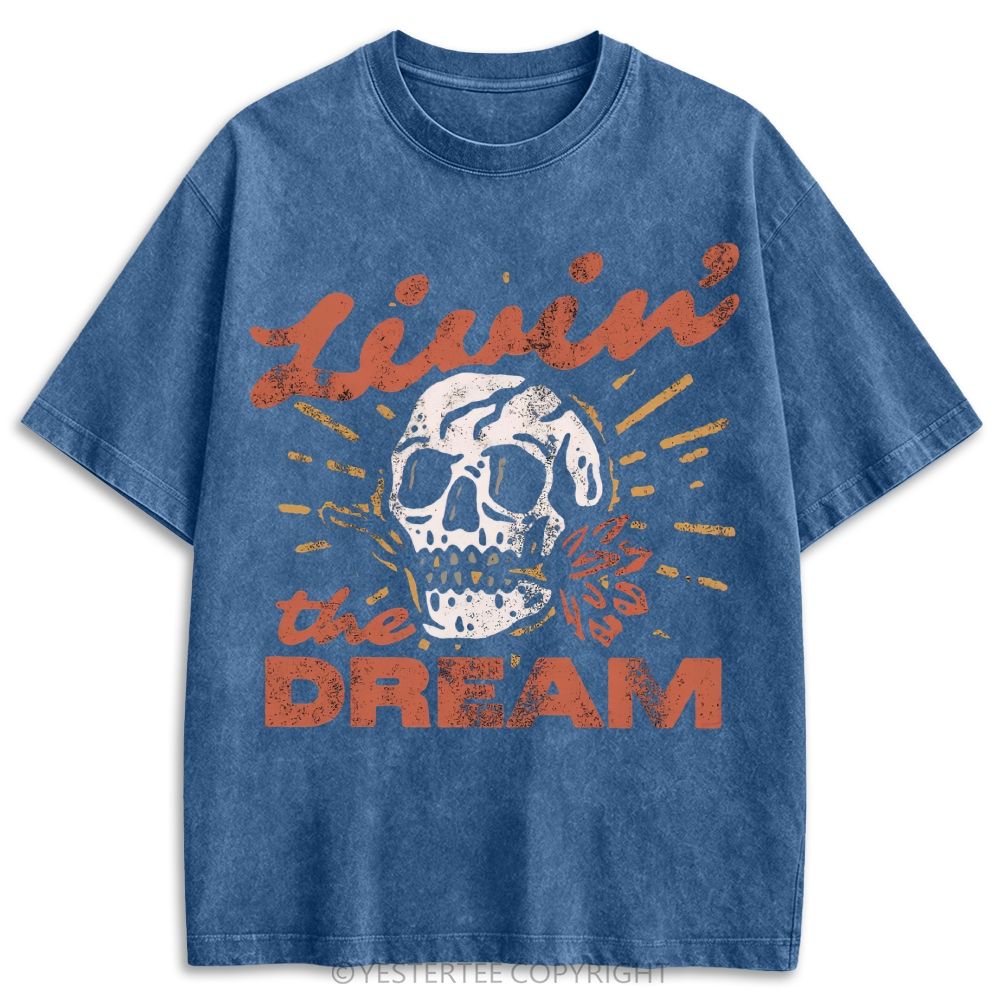 Tattoo Style Skull Rose Dream Life Slogan Retro Washed T-shirt