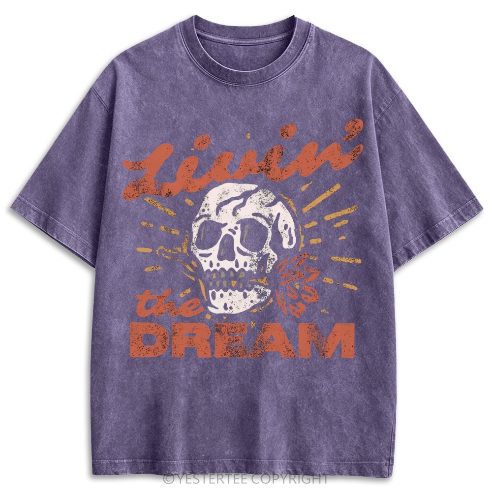 Tattoo Style Skull Rose Dream Life Slogan Retro Washed T-shirt