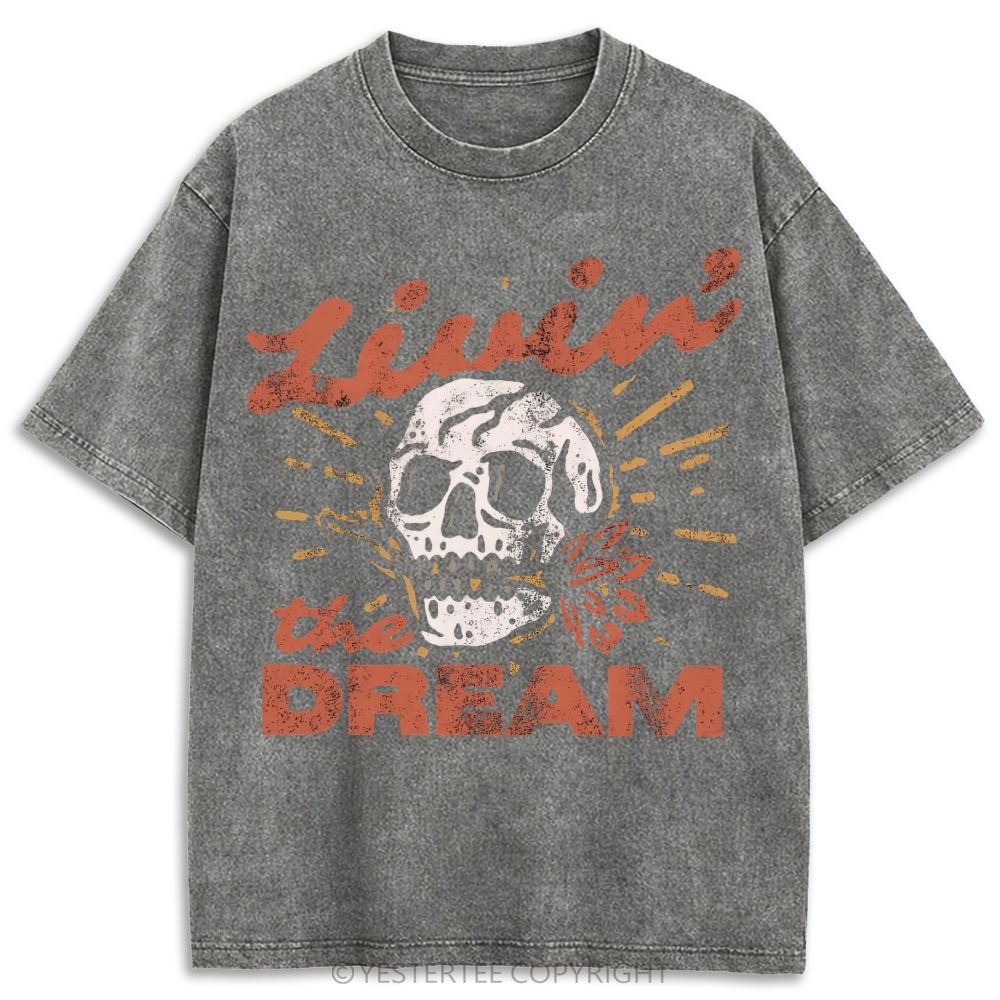 Tattoo Style Skull Rose Dream Life Slogan Retro Washed T-shirt