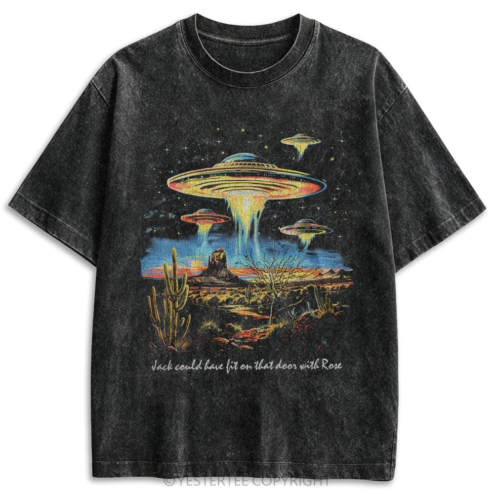 Retro Desert UFO Cactus Illustration Washed T-shirt 