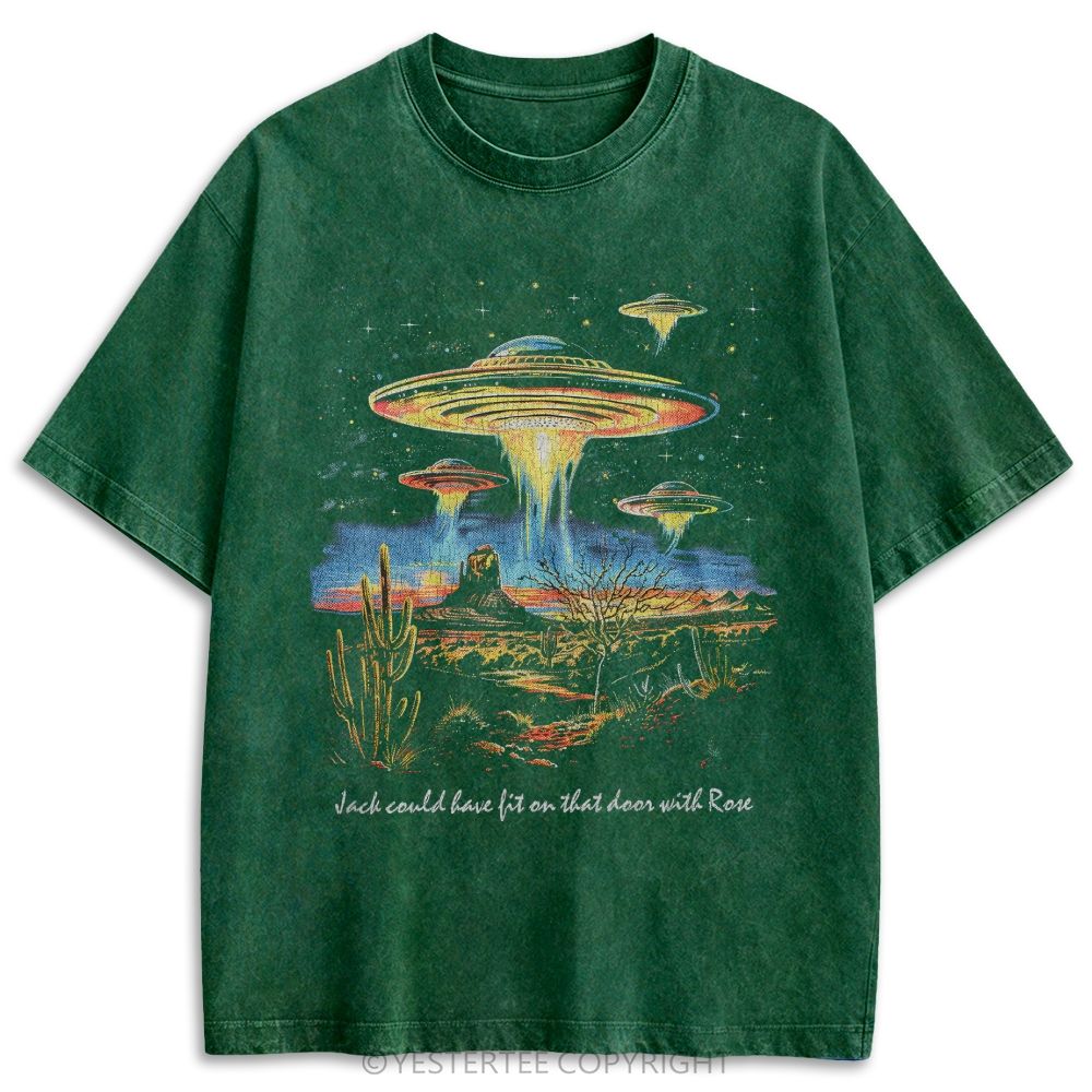 Retro Desert UFO Cactus Illustration Washed T-shirt 