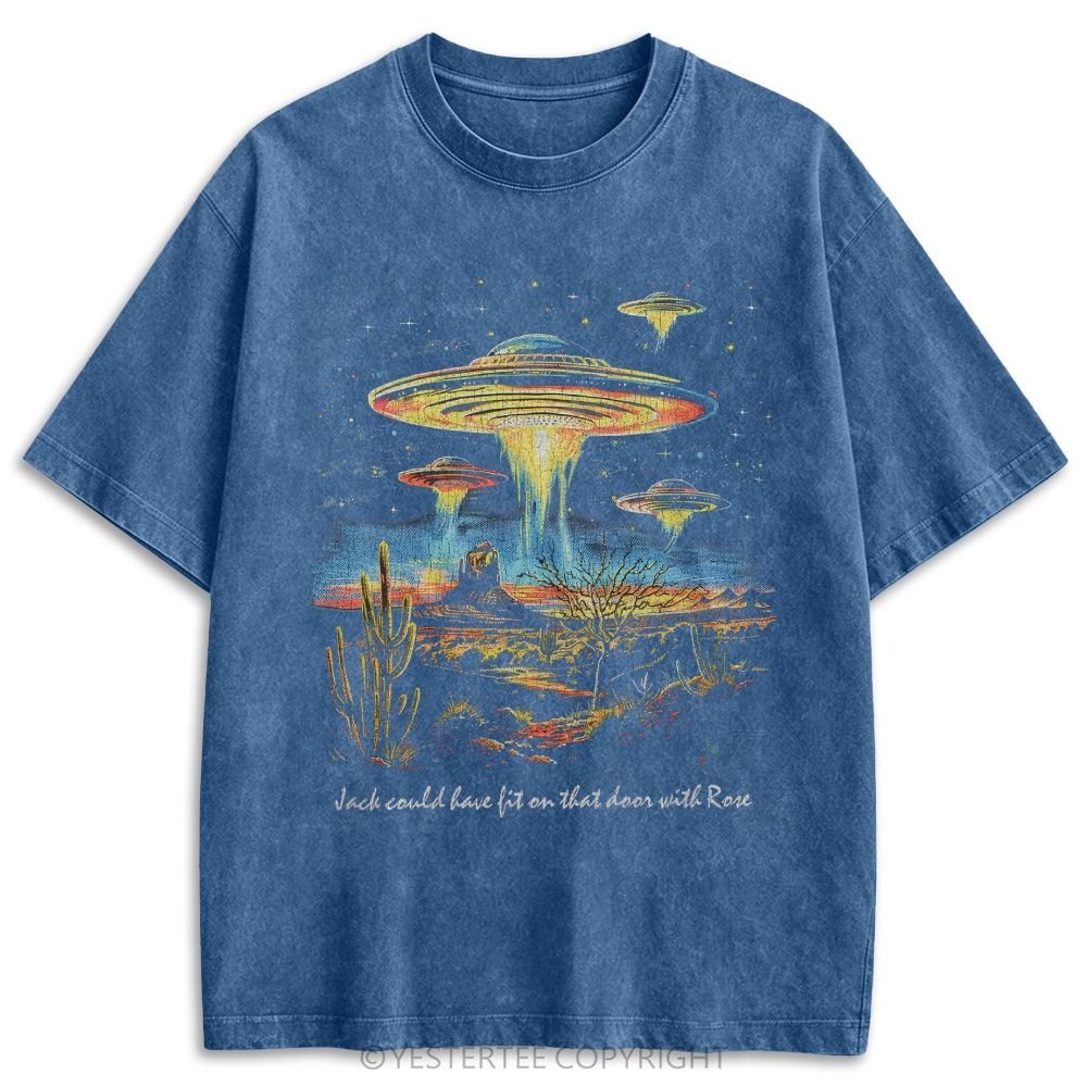 Retro Desert UFO Cactus Illustration Washed T-shirt 