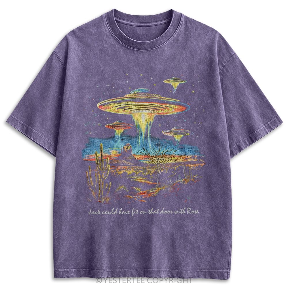 Retro Desert UFO Cactus Illustration Washed T-shirt 