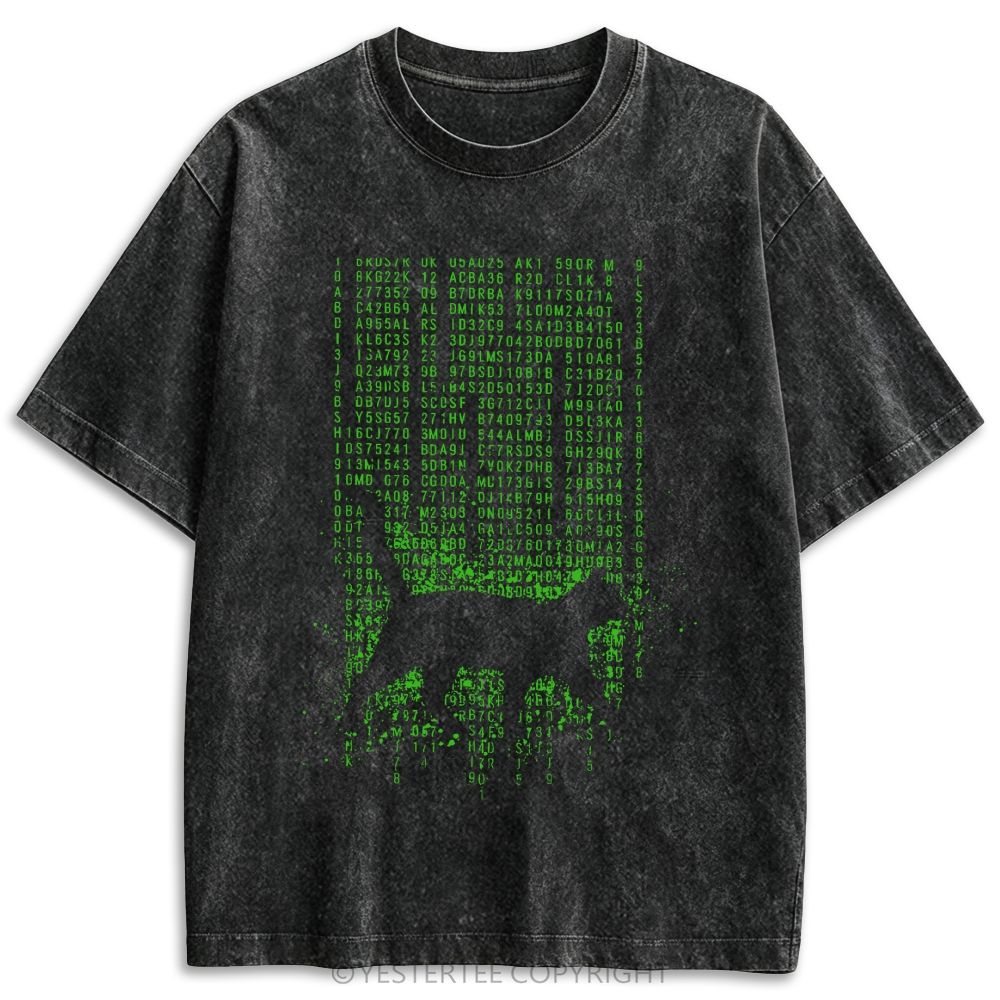 Retro Green Digital Code Rain Cat Silhouette Washed T-shirt 