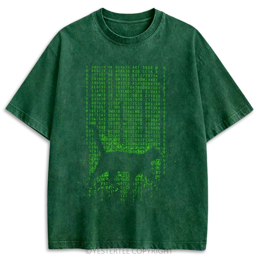 Retro Green Digital Code Rain Cat Silhouette Washed T-shirt 
