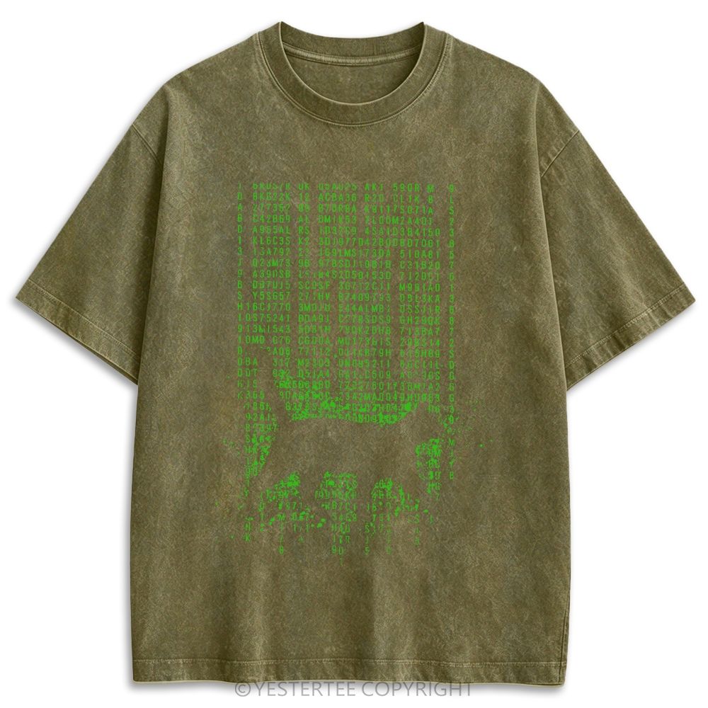 Retro Green Digital Code Rain Cat Silhouette Washed T-shirt 