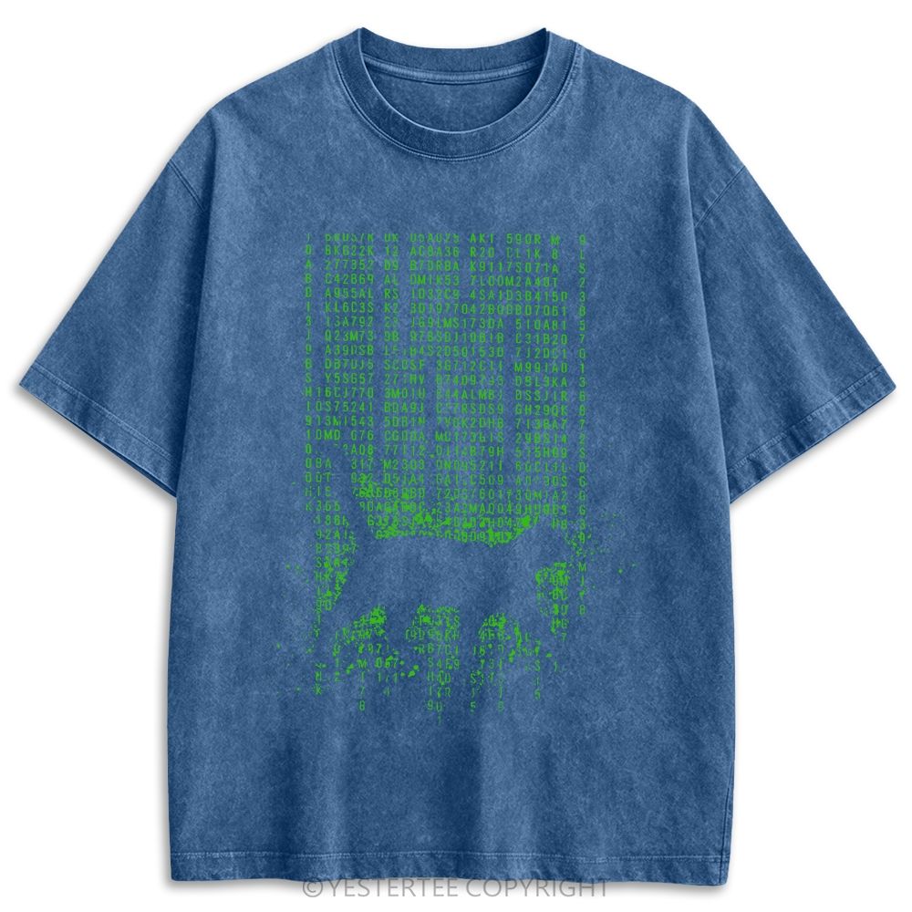 Retro Green Digital Code Rain Cat Silhouette Washed T-shirt 
