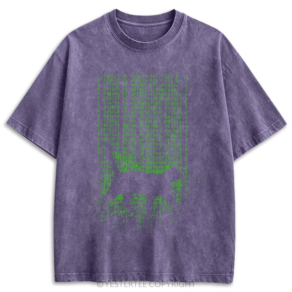 Retro Green Digital Code Rain Cat Silhouette Washed T-shirt 