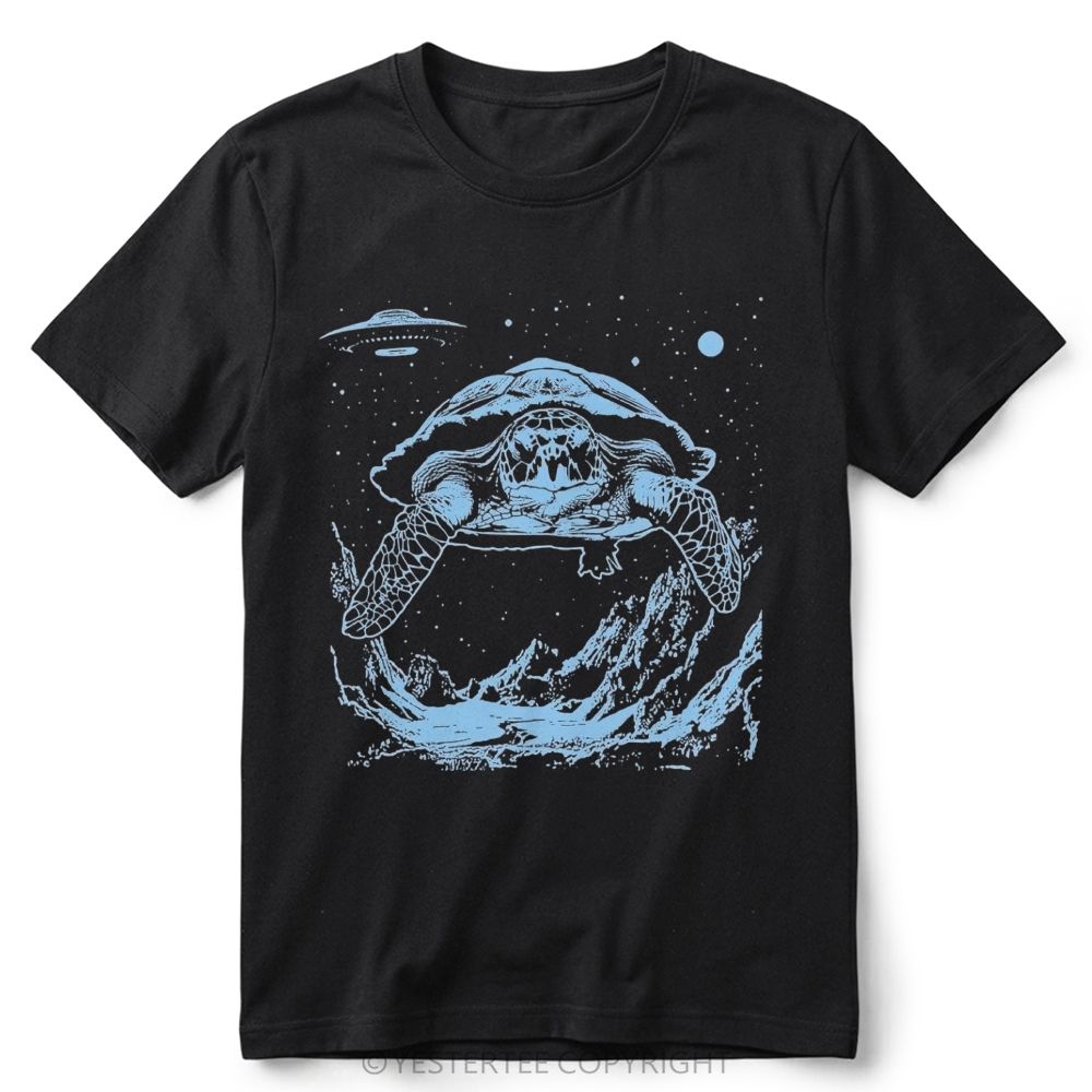 Space Turtle UFO Wave Line Art Graphic Retro Cotton T-Shirt 