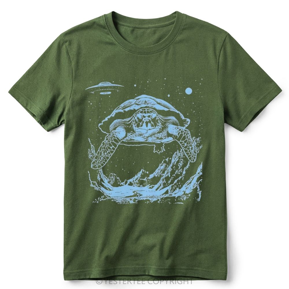 Space Turtle UFO Wave Line Art Graphic Retro Cotton T-Shirt 