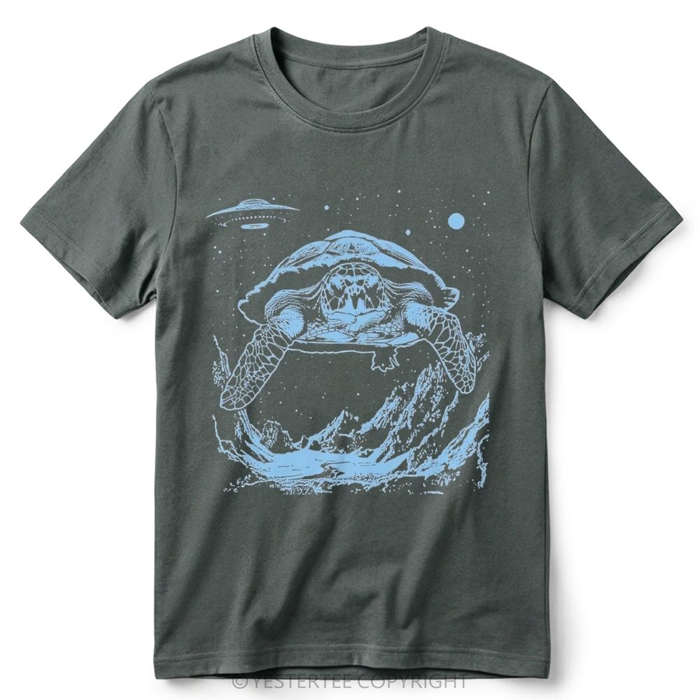Space Turtle UFO Wave Line Art Graphic Retro Cotton T-Shirt 
