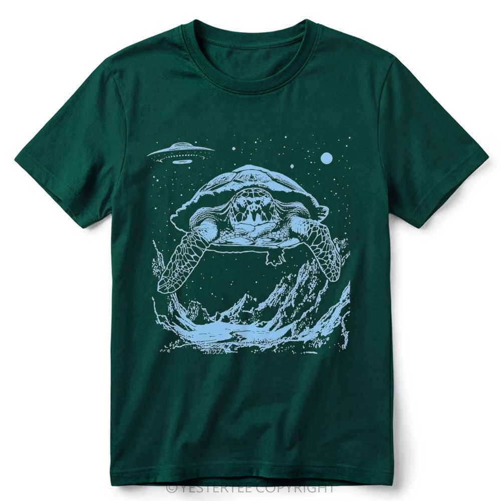 Space Turtle UFO Wave Line Art Graphic Retro Cotton T-Shirt 