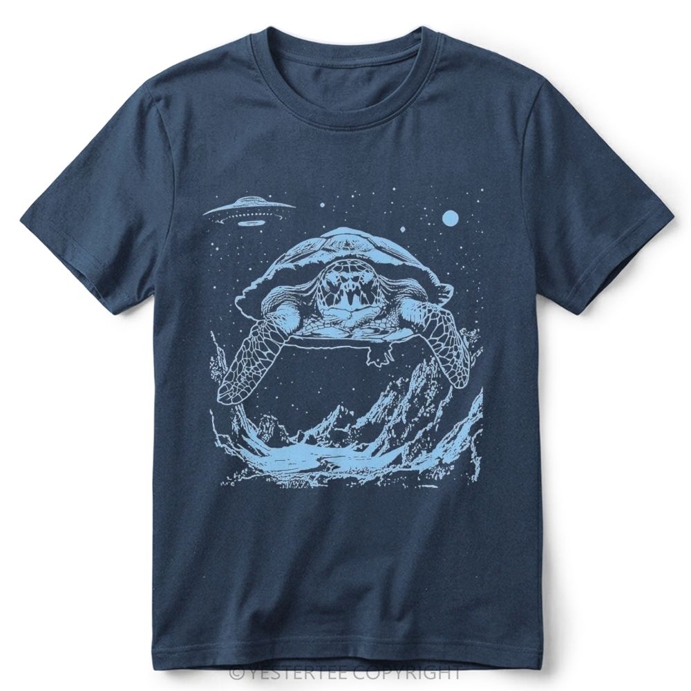 Space Turtle UFO Wave Line Art Graphic Retro Cotton T-Shirt 