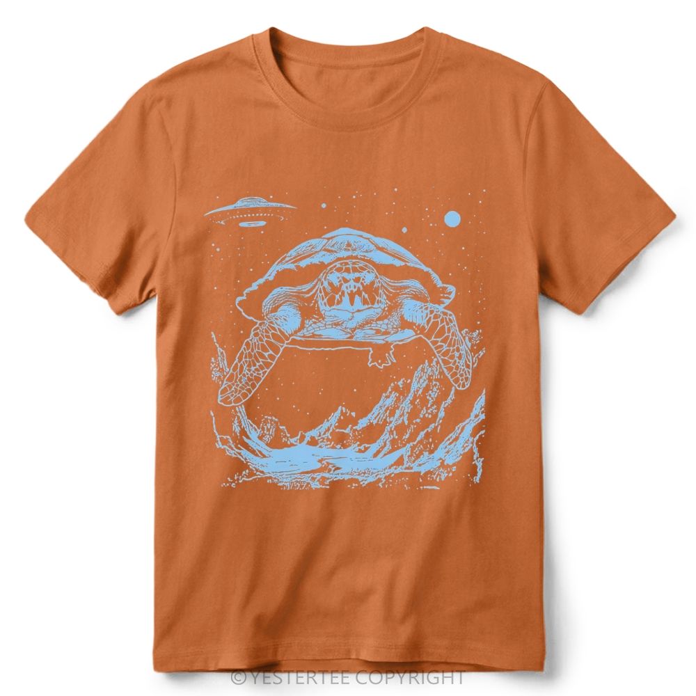 Space Turtle UFO Wave Line Art Graphic Retro Cotton T-Shirt 
