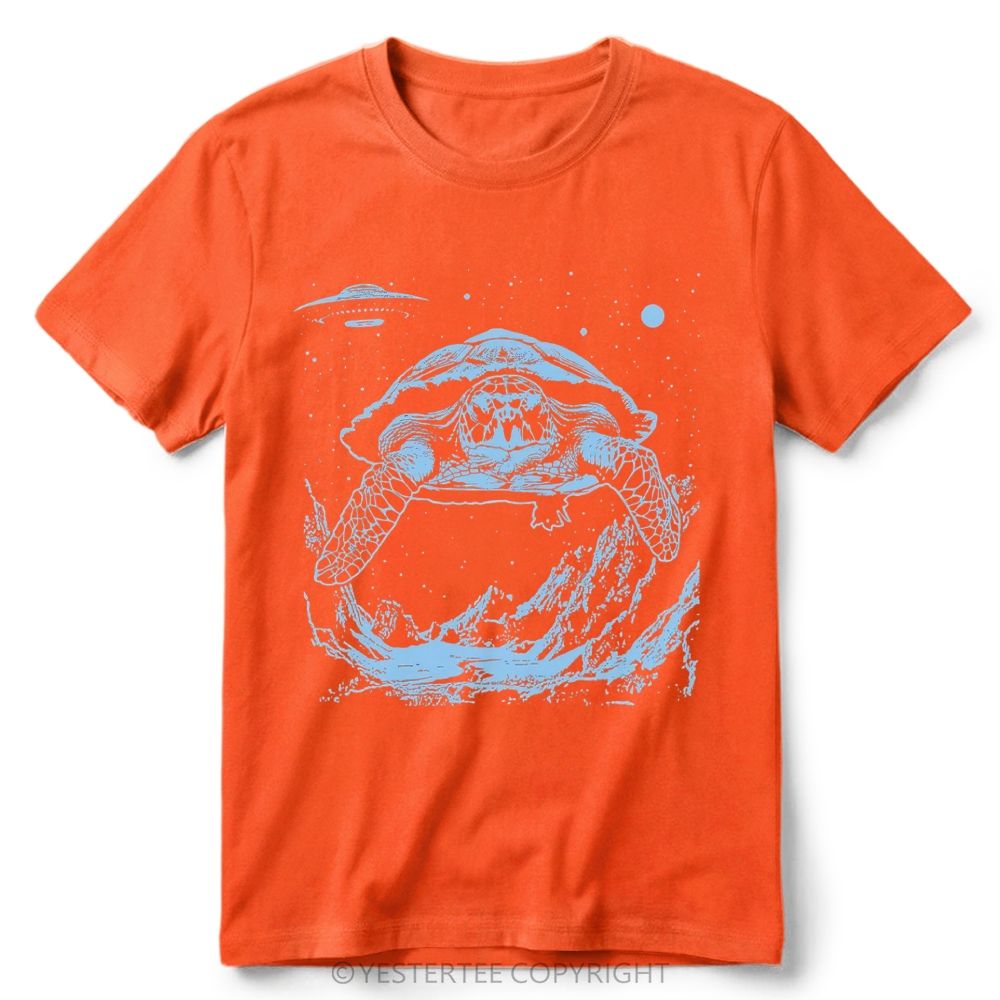 Space Turtle UFO Wave Line Art Graphic Retro Cotton T-Shirt 