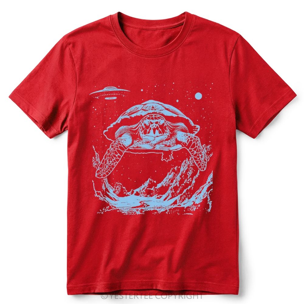 Space Turtle UFO Wave Line Art Graphic Retro Cotton T-Shirt 
