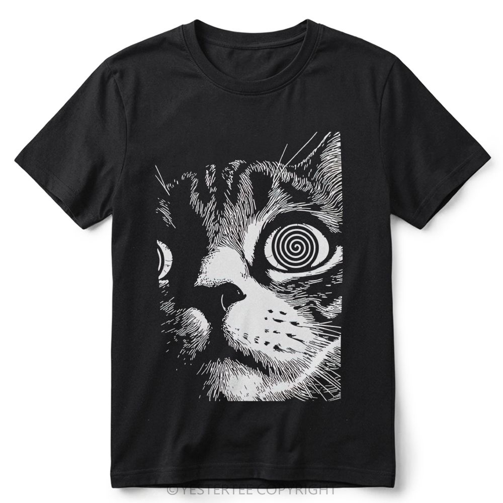 Trippy Hypnotic Spiral Eyes Tabby Cat Line Art Retro Cotton T-Shirt 