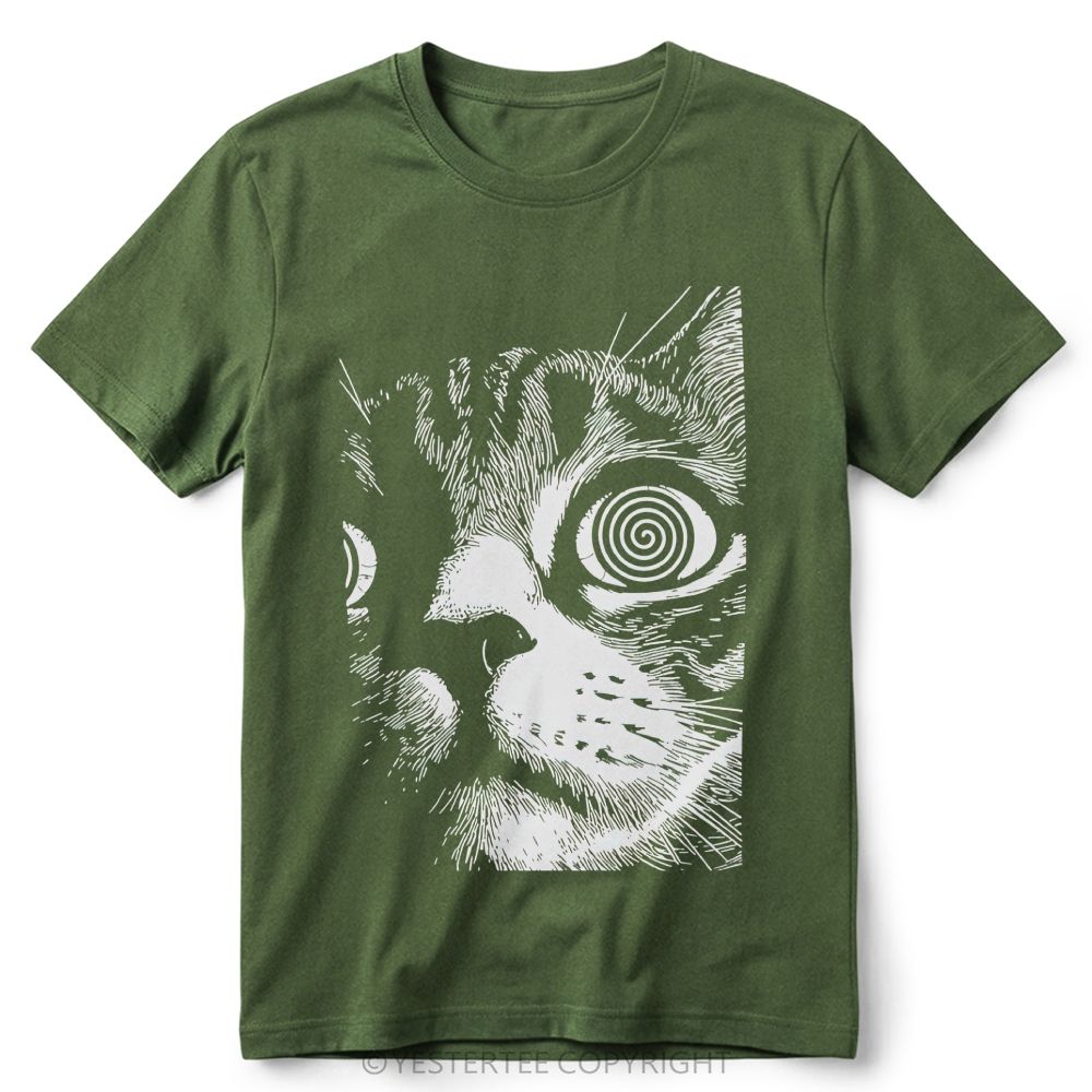 Trippy Hypnotic Spiral Eyes Tabby Cat Line Art Retro Cotton T-Shirt 