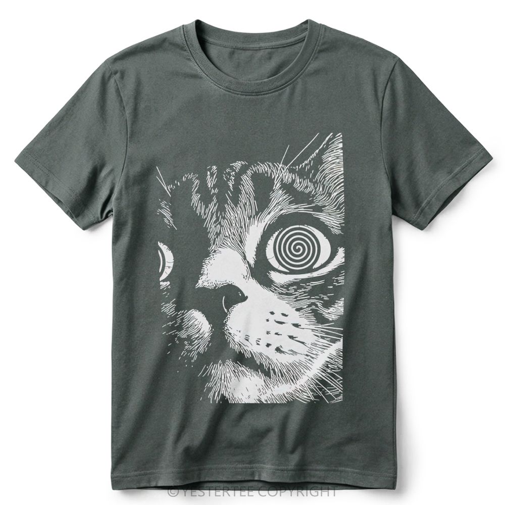 Trippy Hypnotic Spiral Eyes Tabby Cat Line Art Retro Cotton T-Shirt 