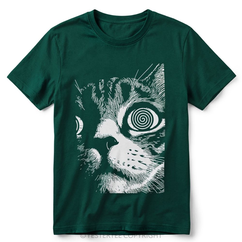 Trippy Hypnotic Spiral Eyes Tabby Cat Line Art Retro Cotton T-Shirt 