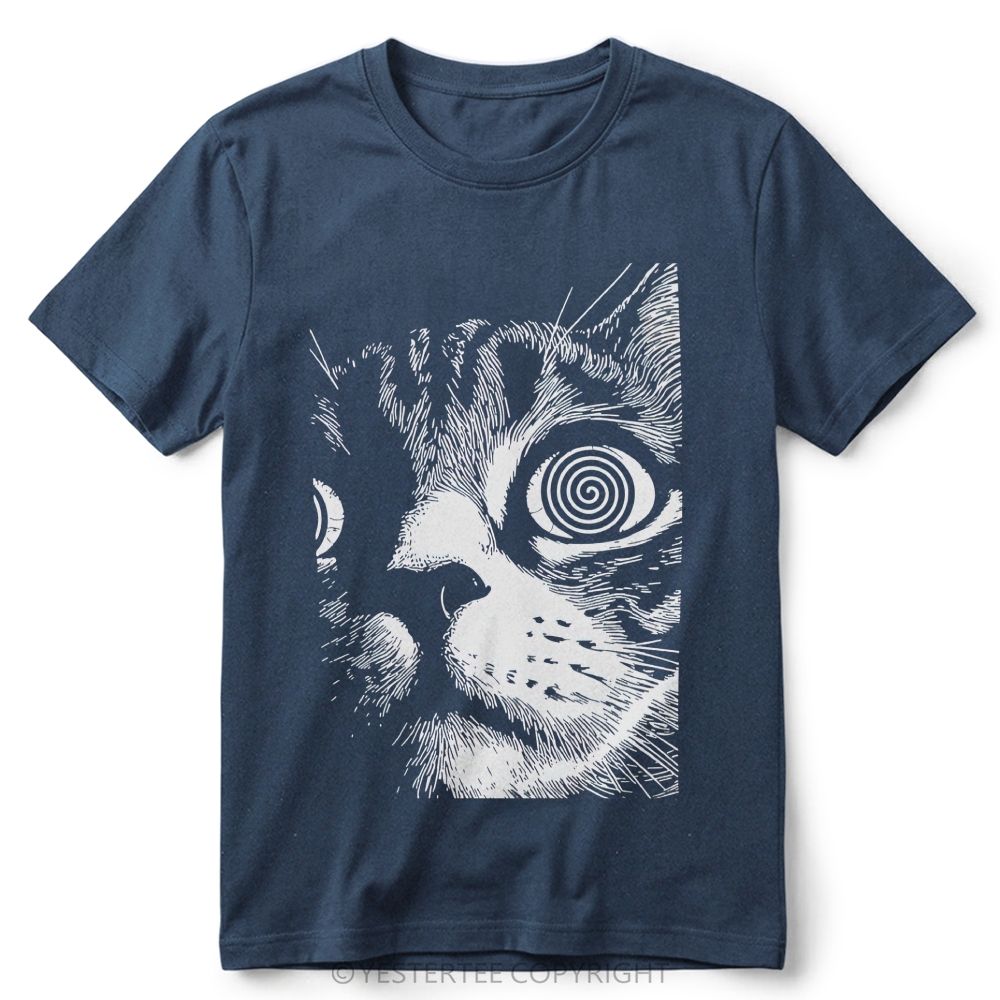 Trippy Hypnotic Spiral Eyes Tabby Cat Line Art Retro Cotton T-Shirt 