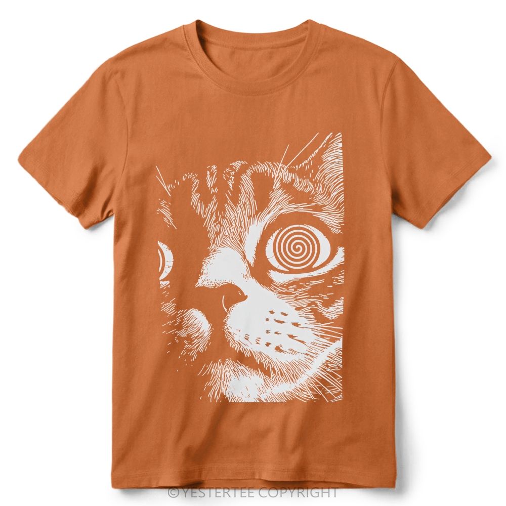 Trippy Hypnotic Spiral Eyes Tabby Cat Line Art Retro Cotton T-Shirt 