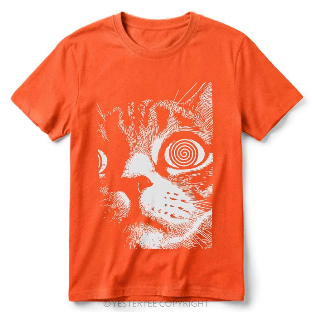 Trippy Hypnotic Spiral Eyes Tabby Cat Line Art Retro Cotton T-Shirt 