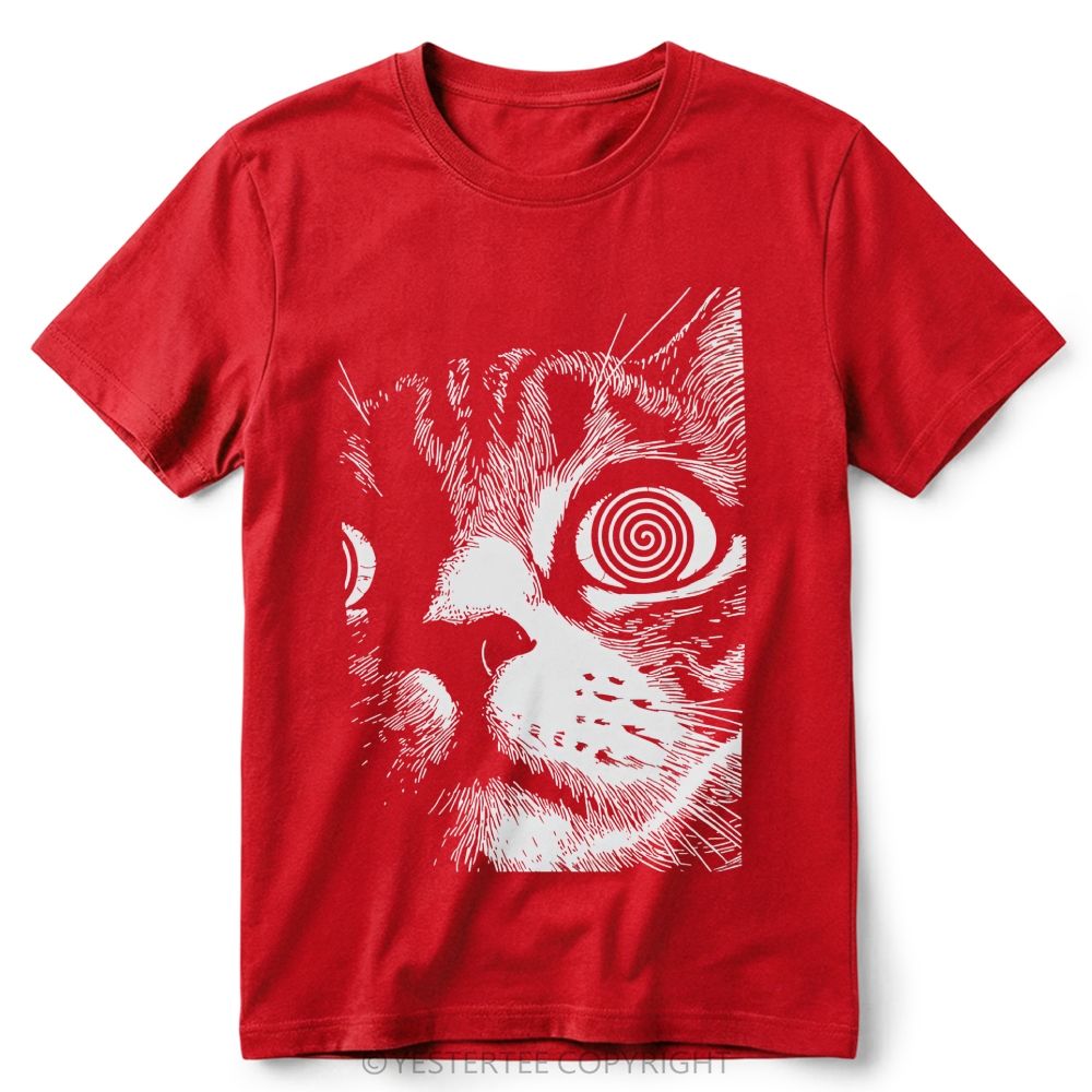Trippy Hypnotic Spiral Eyes Tabby Cat Line Art Retro Cotton T-Shirt 