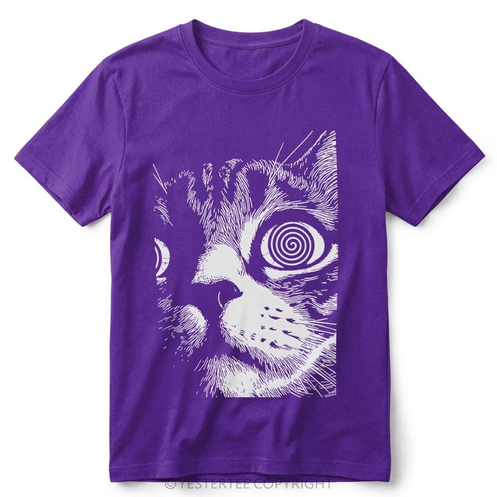 Trippy Hypnotic Spiral Eyes Tabby Cat Line Art Retro Cotton T-Shirt 