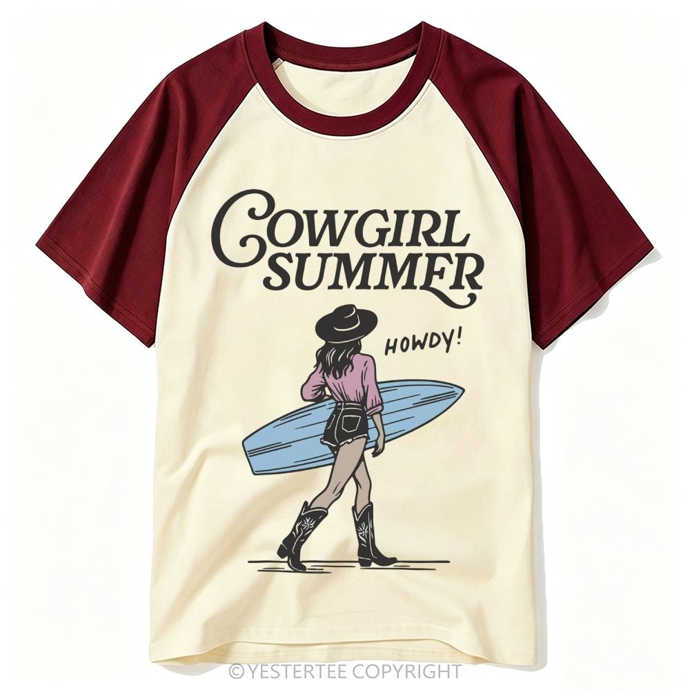 Yestertee  Western Surf Cowgirl Retro Script Howdy Baseball T-shirt